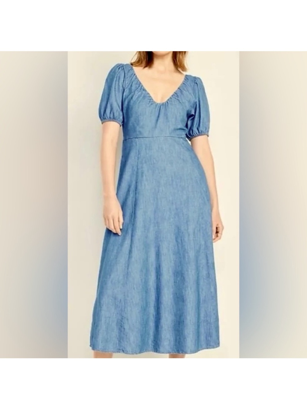 Denim Puff-Sleeve Midi Dress